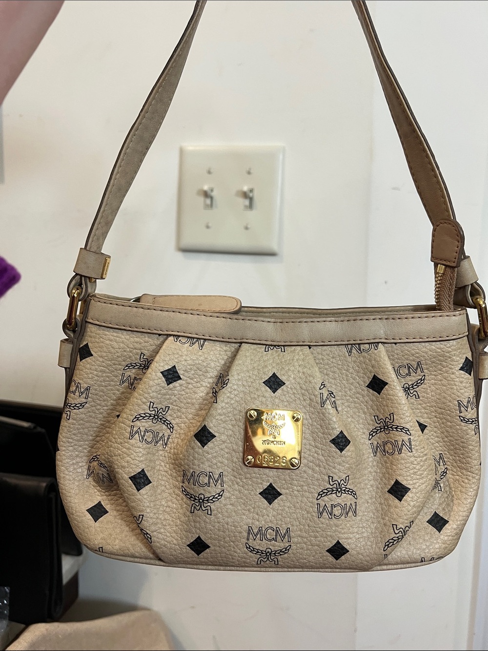 MCM Beige Logo Monogram Shoulder Bag with Gold Plaque